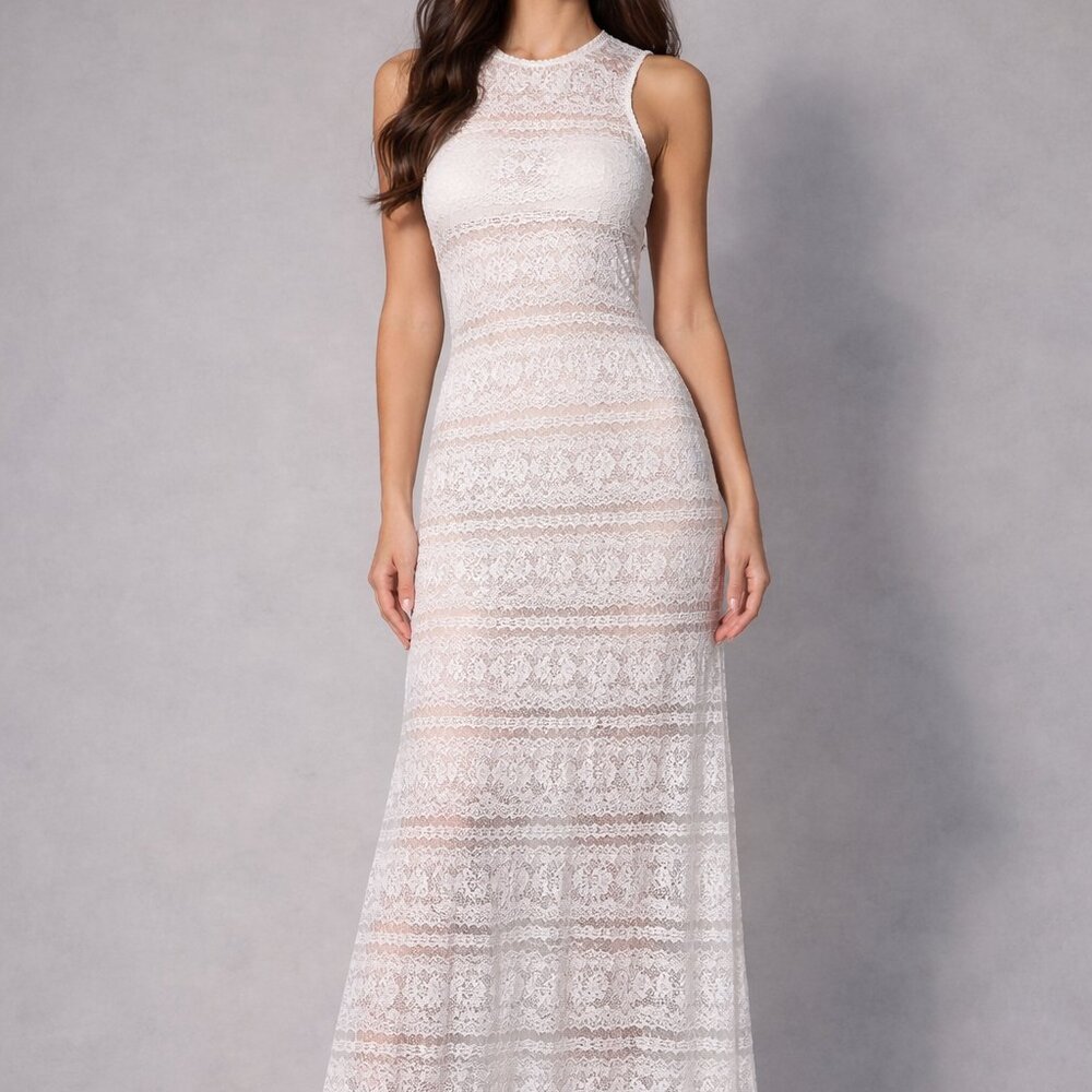 White Sleeveless Lace Maxi Dress – Elegant & Feminine